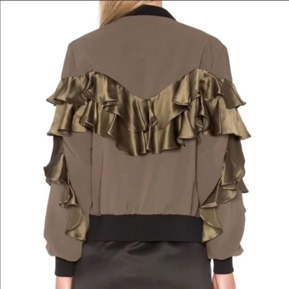 Cinq A Sept Leia Silk Satin-Ruffle Bomber Jacket Zip-Up Pocket Olive Green - S - Picture 5 of 6